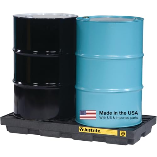Justrite Low Profile 2 Drum Spill Containment Pallet Accumulation Center - 5.5" Tall - 24 Gal Capacity for 55 Gallon Drum Containment - Made in the USA from 100% Recycled Polyethylene - Black - 28655