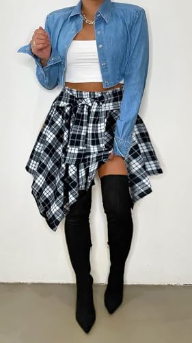 Womens Plaid Skirts Elastic High Waist Tie Front Asymmetrical Hem Pleated Mini Skirt2