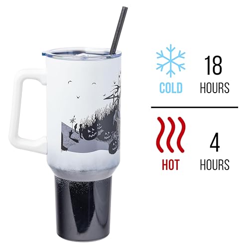 Image of Silver Buffalo Disney Nightmare Before Christmas by Tim Burton Jack Skellington Hill and Moon Stainless Steel Tumbler with Handle and Straw, Fits in Standard Cup Holder, 40 Ounces (Pack of 12)