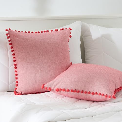 Image of 100% Cotton Pom Pom Cushion with Filler, Elegant & Modern Cushion Cover for Living Room, Square Shape, 20 inchx20 inch, uni Chambray, Set of 5 - Viva Magenta