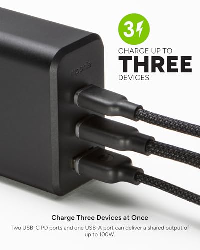 Mophie GaN 100W USB C Charger Block - 3-Port Fast Charger for MacBook, iPad, iPhone, Samsung Galaxy, Google Pixel, Laptops - with 1.5m/5ft Cable, Dual USB-C PD Ports, Black image 2