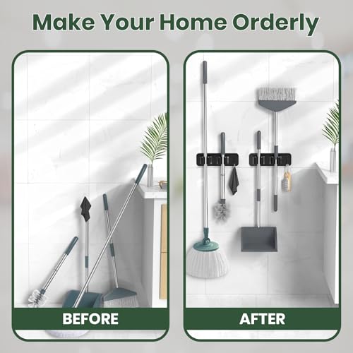 Image of JD FRESH 1 Pcs Stainless Steel Mop and Broom Holder Wall Mount 2 Slot & 1 Hook, No Drill Anti Slip Waterproof Adhesive Broom Hanger Stand Organizer for Kitchen Home Garden Office Garage (Black)