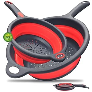 Walfos Silicone Pasta Colander – Collapsible Colander with Handle Set, Set of 2, Space-Saving Kitchen Strainers, 1.5 Quart, 2 Quart, BPA Free ＆ Dishwasher Safe, for Pasta, Vegetables, Fruits (Red)