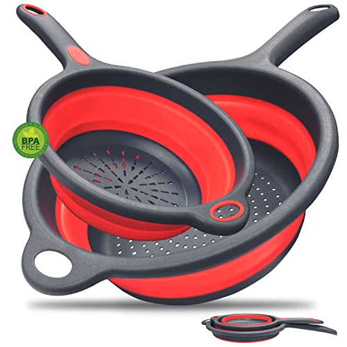 Walfos Silicone Pasta Colander - Collapsible Colander with Handle Set, Set of 2, Space-Saving Kitchen Strainers, 1.5 Quart, 2 Quart, BPA Free & Dishwasher Safe, for Pasta, Vegetables, Fruits (Red)