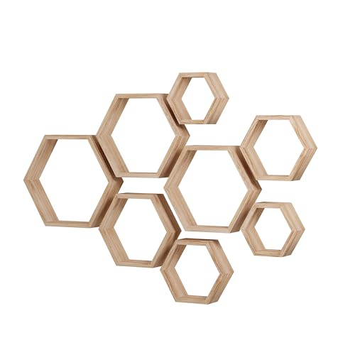 WONFUlity Étagères flottantes hexagonales en nid d'abeille à fixation murale en bois pour salle de bain, cuisine, chambre, salon, décoration murale...