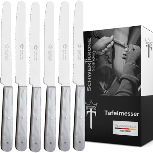 Schwertkrone Cuchillo de mesa fabricado en Alemania Solingen, 6 cuchillos Vesper, talla ondulada, nácar imitado