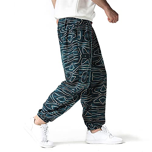 Hatop Men's Cotton Linen Graffiti Printed Cropped Trousers Style Casual Lace-up Trousers Navy