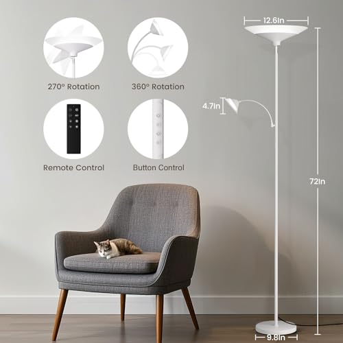 Image of SIBRILLE Upgraded 2-Light Torchiere Floor Lamp - 34W Color Changing Standing Lamp with Remote, Rotatable Floor Reading Light, Modern Standing Light with for Living Room Bedroom Office, White