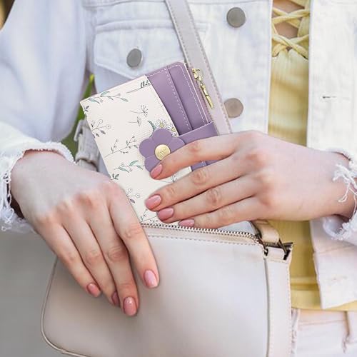 Image of Farcauo Small Floral Womens Wallet Cute Wallets for Women Thin Purple Women's Wallet Kawaii Flower Card Wallets for Women Ladies