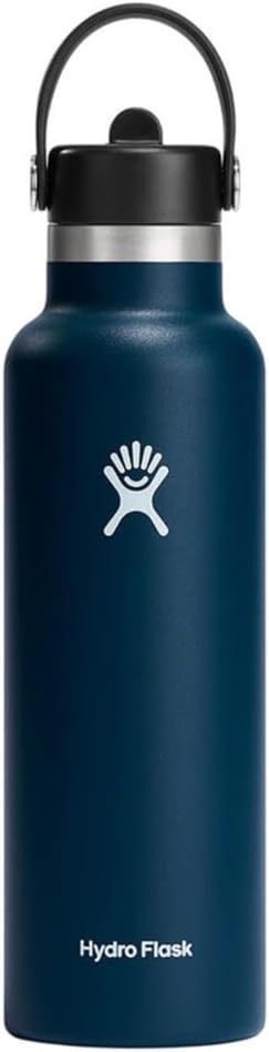 Water Bottle 621 ml (21 oz) with Flex Straw Cap - Vacuum Insulated Stainless Steel Reusable Water Bottle - Leakproof Lid - Hot and Cold Drinks - Standard Mouth - BPA-Free - Indigo