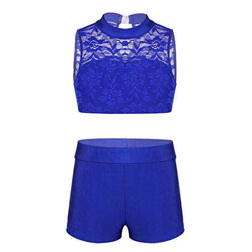 inhzoy Kids Girls Tankini Outfit Set 2-Piece Gymnastics Leotard Ballet Jazz Dance Sleeveless Lace Crop Top with Shorts Blue 10