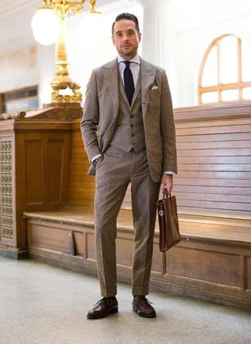 Kromoc Men's Houndstooth Peak Lapel Suit Prom 3-Piece Jacket Vest Pants Wedding Casual Daily4