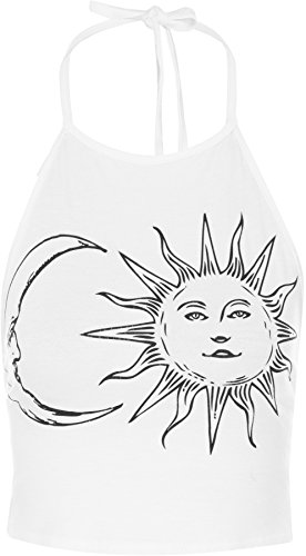 Image of WearAll Women's Sun Moon Print Halter Neck Sleeveless Tied Crop Vest T-Shirt Top - White - 12-14