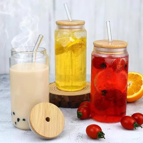 Image of ANKUL Water Soda Drinking Glass Sipper Tumbler Cup for Tea and Coffee Can Mug with Wooden Lid and Straw Set of 2-510ml for Fruit Juice Milk Glass Sipper Tumbler Cup (Round Mug Wooden Lid, 2)