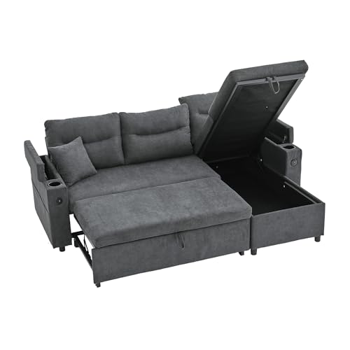 Miniatura 7 de Dachetou Sofá De Lino Moderno Para 3 Personas, Color Gris Oscuro, 86 X 136 X 212,5 Cm, Con Chaise Longue Hidráulica, Espacio De Almacenamiento, Soporte Para Bebidas, Cama Con Cajones, Diseño Elegante