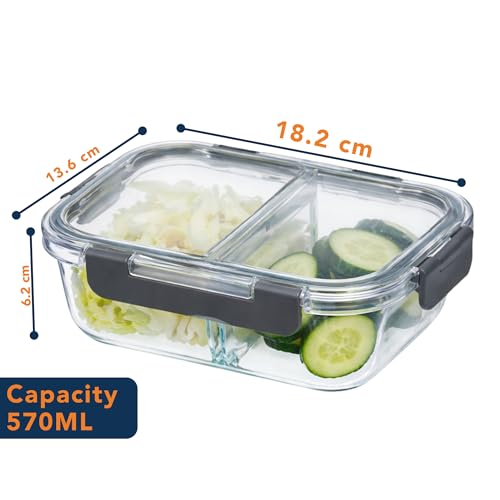 Image of Glass Lunch Box with 2 Compartments | Leakproof Borosilicate Glass Lunch Container with Airtight Lid | BPA Free Tiffin Box for Office, School & Travel (570ml)