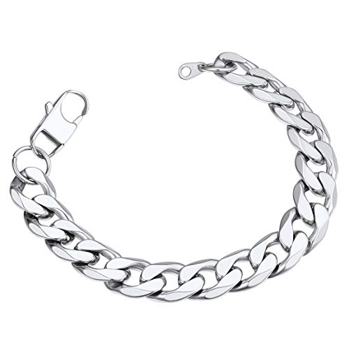 Bracelet Chaîne Grosse Maille 13mm Large-Chaine Bracelet Homme Acier-Bracelet Pas Cher Maille Americain-Bracelet Fantaisie Cubain-Bracelet Robuste-21cm-Argenté