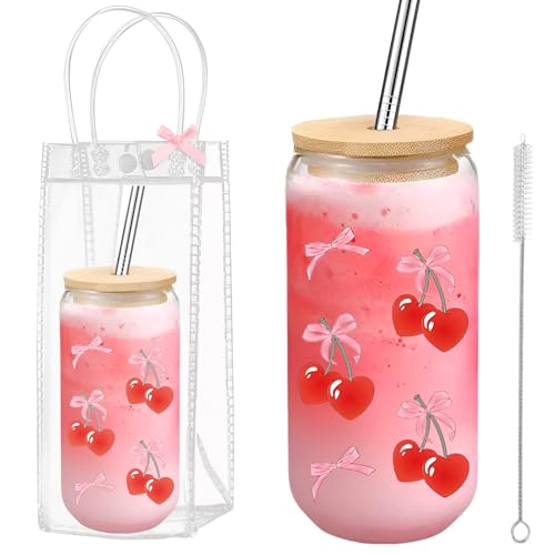 Coquette Cheeries Bows Glass Cup with Clear Gift Bag,16 oz Iced Coffee Cup with Lids and Straws, Aesthetic Glass Tumbler Smoothie Cup Beer Drinking Cup for Girls/Bestfriend/Sister/Girlfriend/Mom