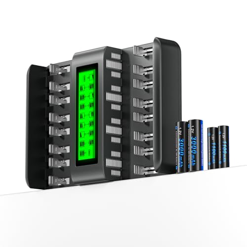 CITYORK Cargador de batería LCD con 16 ranuras para pilas AA AAA C D NI-MH recargables con adaptador