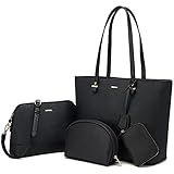 LOVEVOOK Handtasche Damen Shopper Schultertasche Umhängetasche Damen Geldbörse Kartenpaket Tragetasche Groß Damen Tasche Tote für Büro Schule Einkauf Reise Leder Handtasche 4 Stück Set Schwarz