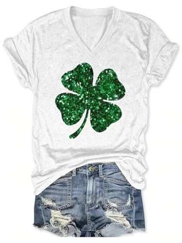 Butovek Womens Funny Glitter Lucky Irish Shamrock V Neck Shirt St Patricks Day Graphic Short Sleeve Top Casual Spring Tees(M,White01)