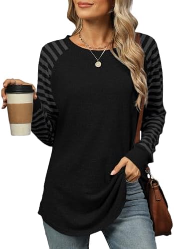 Akiooue Top Donna A Righe Con Blocchi Di Colore – Maniche Lunghe, Tunica Leggera Taglie S-XXL