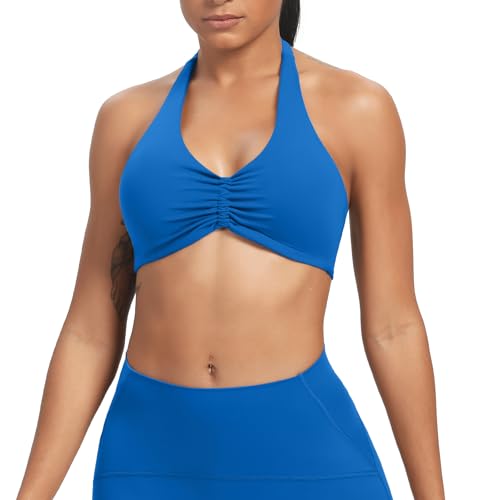 Image of Aoxjox Women's Workout Sports Bras Fitness Taylor Scrunch Halter Bra Yoga Crop Tank