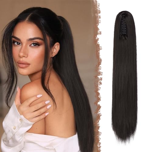 FESHFEN Queue de Cheval Lisse Pince - Postiche Cheveux Naturel Longue Raides Postiches Brun Noir Synthétique Fausse Claw Clip Ponytail Extensions pour Femmes, 63 cm
