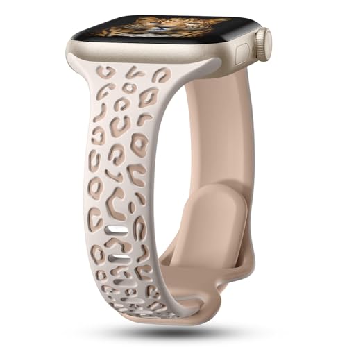 CreateGreat Slim Leopard Engraved Bands Compatible with Apple Watch Band 41mm 40mm 38mm Women, Narrow Silicone Replacement Strap for iWatch Series 9 8 7 6 5 4 3 2 1,Ultra,SE-Starlight.Nude Tan MT