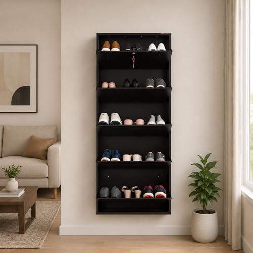 Image of 5 Door Wall Mounted Metal Shoe Rack Cabinet with Lock | Space Saving Shoe Storage Cabinet | Dustproof & Ventilated Shoe Organizer for Home, Entryway, Bedroom & Balcony | Brown | 63 x 26 x 6 Inch