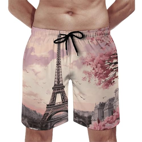 Mens Shorts Romantic Paris Tower Men Swim Trunks Quick-Dry Beach Shorts with Drawstring Pocket Bathing Suit