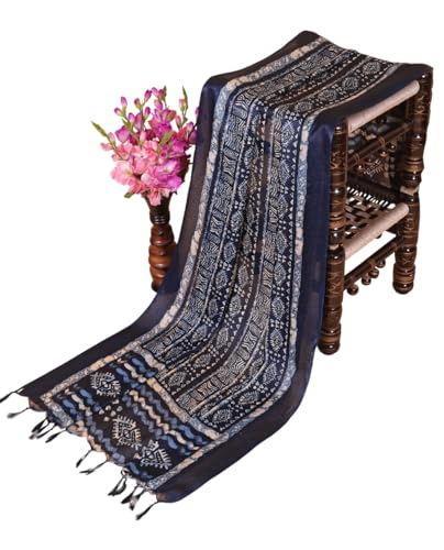Image of Cotton Silk Printed Dupatta with Tassel Border - Block & Bagru Print - Soft, Lightweight
