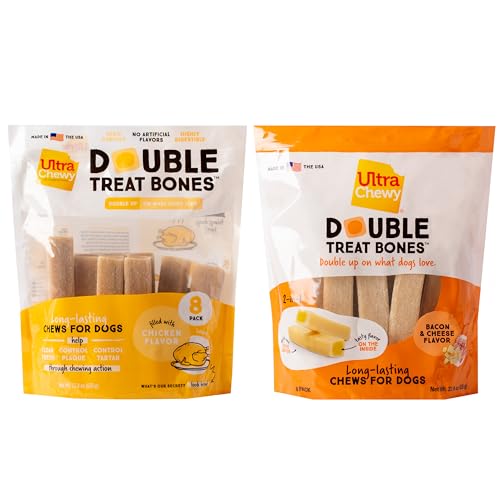 Ultra Chewy Double Treat Bones: Long-Lasting Treats Made in USA for Large and Small Breeds Highly Digestible for Aggressive Chewers (Bacon Cheese and Chicken Flavor 2 Packs)