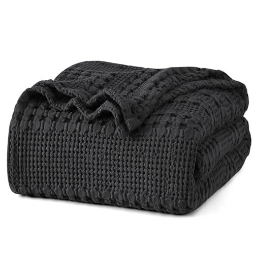 Image of PHF 100% Cotton Waffle Blanket King Size for Bed, Lightweight Breathable and Soft for Summer, Luxury Aesthetic Waffle Weave Blanket for Home Decor & Gifts for Women, 108 inchx90 inch, Black