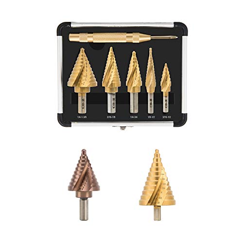 CO-Z 5pcs Spiral Step Bits with Center Punch & 1pcs M35 Step Bit & 1pcs Larger Step Bit