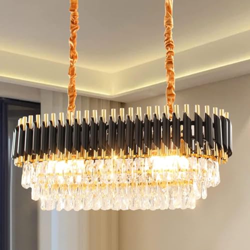 Image of Luxurious 800X300mm Black Gold Modern Chandelier with K9 Crystals | Warm White, Moonlight & Golden Light | Ceiling Hanging Light for Living Room, Dining Room, Bedroom, Hallway