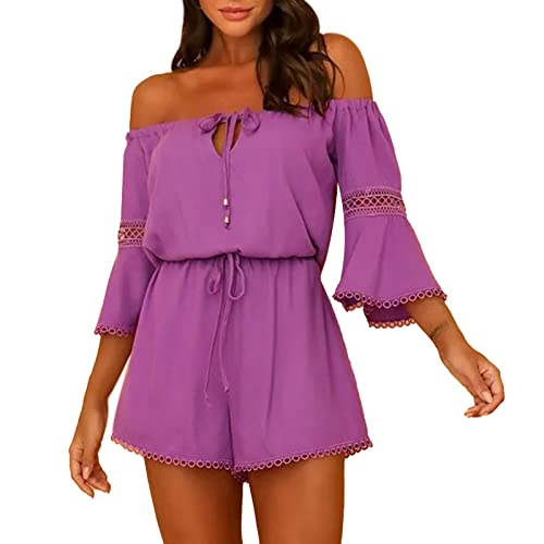 Ejoyous Off Shoulder jumpsuit dam sommar ärmlös jumpsuit V-ringad rygglös lekdräkt strand overall sparkbyxor med bälte, violett, XL