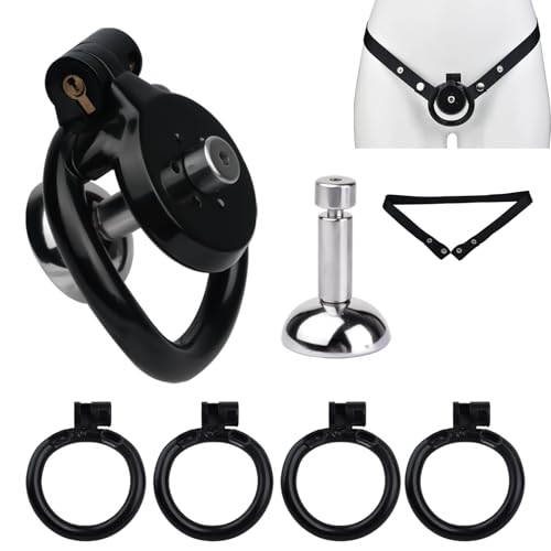 SeLgurFos Cage de chasteté pour homme avec 4 anneaux 40 à 55mm urinoir amovible design plat en résine ABS ceinture chasteté jouets sexuels (Black+belt)
