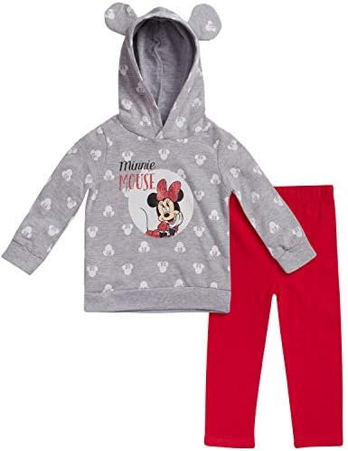 Disney Baby Girls Minnie Mouse 2 Piece Fleece Hoodie Legging Set (Newborn/Infant), Minnie Grey/Red, Size 0-3M