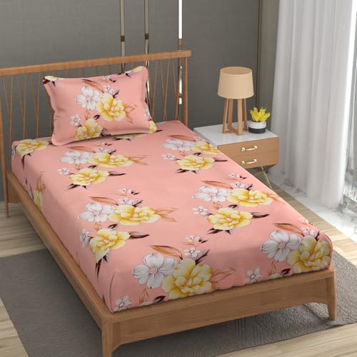 Image of Premium Heavy Cotton Flat Bedsheets with 1 King Size Pillow Covers | Single Bed 350 TC | 60 x 90 Inch Single Size Flat | :- Baby Pink Flower
