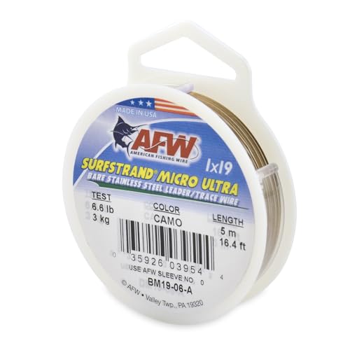American Fishing Wire Surfstrand Micro Ultra, Bare 1x19 Stainless Steel Leader Wire, 6 lb Test, 0.006" Diameter, Camo, 5 m