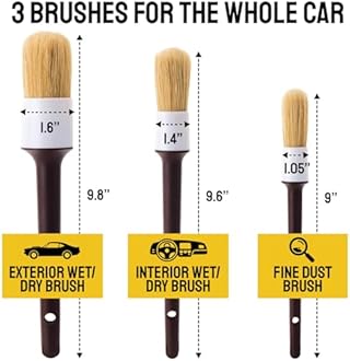 Soft Boar Hair Car Detailing Brush Set - 3-Pack, Brown - Car Detailing Kit for Versatile Uses - Soft Bristles Cleaning Brush - Water-Resistant Handles
