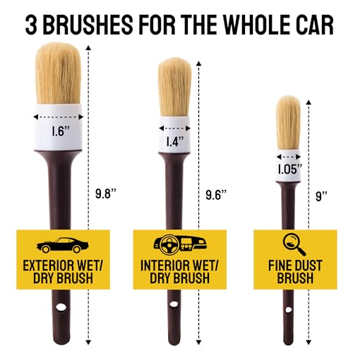 Soft Boar Hair Car Detailing Brush Set - 3-Pack, Brown - Car Detailing Kit for Versatile Uses - Soft Bristles Cleaning Brush - Water-Resistant Handles