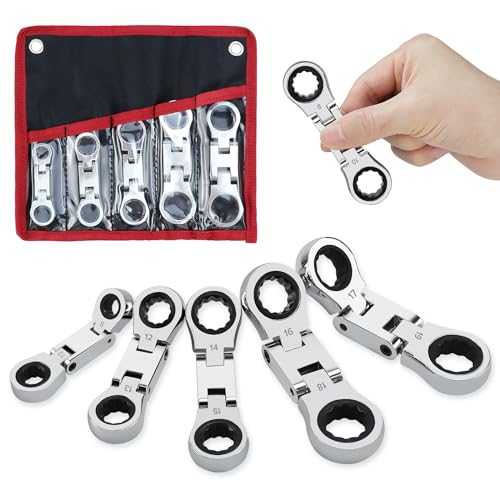 LOSCHEN 5-Piece Flex-Head Stubby Ratcheting Combination Wrench Set Mini Wrench Set Double Box End Flex-Head Mini Spanner Set Metric 8 10 12 13 14 15 16 17 18 19mm 72-Teeth CR-V Steel
