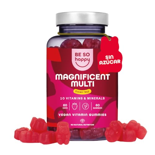 Gominolas Multivitaminas, Complejo con 10 Vitaminas y Minerales, Vitamina B12 + B6 + C + D + A + Biotina + Yodo + Ac Folico, Vitaminas para el cansacio y fatiga, 60 dias, Veganas, BeSoHappy®