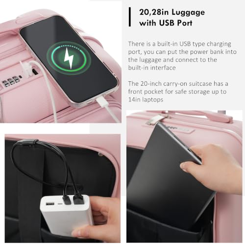 Image of 4-Piece Luggage Set, Suitcase with TSA Lock Travel Duffel Bag Wet-Dry Toiletry Bag, Pink Front-Opening