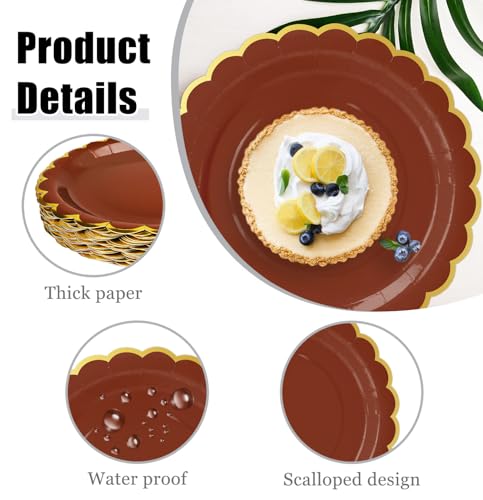 Image of HEIPINIUYE 50 Pieces Brown Paper Plates with Gold Foil 9 Inch Disposable Brown and Gold Scalloped Dinner Plates for Wedding Baby Shower Birthday Party Dessert Plate