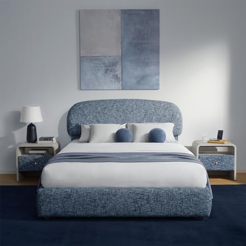 ModernMate Dione Collection Queen Size Upholstered Lift Up Storage Bed Frame – Oeko-TEX Chenille, Hydraulic Lift Storage, Curved Headboard, Organic Modern Bedroom Furniture, Harbor Depth Bule