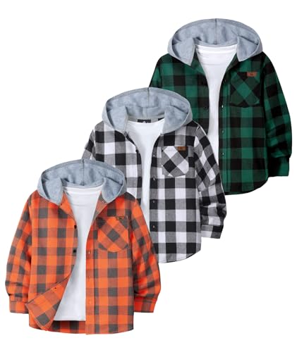 3 Pack Flannel Shirt for Boys Long Sleeve Button-up Shirts with Hood Unisex Kids Cotton Fall Plaid Hoodie