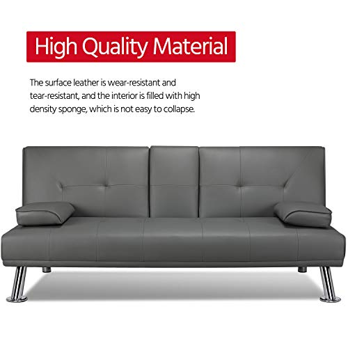 Yaheetech Modern Faux Leather Futon Set Convertible Recliner Sleeper Fold Up & Down Loveseat Reversible Daybed Guest Bed, 3 Angles Adjustable, 2 Cup-Holders, Up To 772 Lbs, Gray #TOP3
